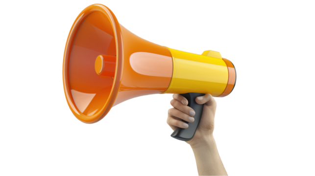 A hand holding a mustard-colored megaphone isolated on transparent background