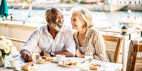 Senior Couple Enjoying Meal by the Beach. A happy elderly couple enjoys a sunny seaside lunch, smiling and embracing a moment of joy together with a beautiful ocean view in the background.