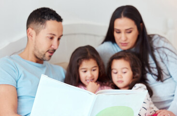 Family, girls and storytelling on bed at home for fun, bonding and care with education. Parents, daughter and kid with learning on book reading for knowledge, information and studying child growth