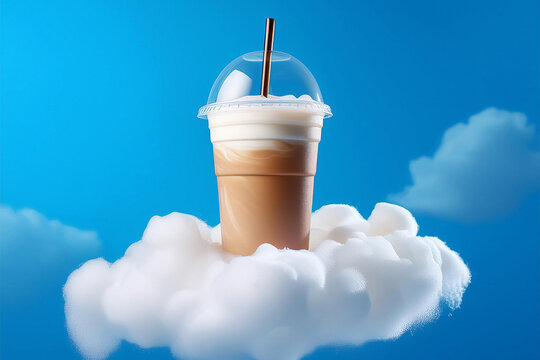 Un caf&eacute; con leche helado, flotando en cielo azul brillante, flotando sobre una nuve