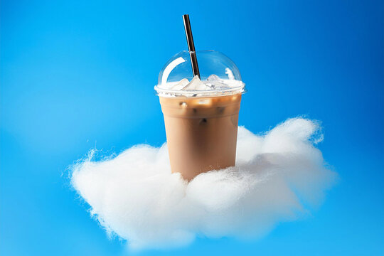 Un caf&eacute; con leche helado, flotando en cielo azul brillante, flotando sobre una nuve