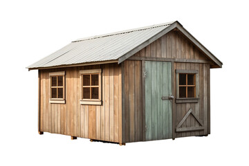 A Weathered Wooden Shed With a Metal Roof and Three Windows on a Clear PNG or White Background.