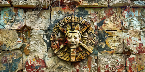 Obraz premium Ageless Architects of Knowledge: An intricate mural of ancient symbols adorning a crumbling stone wall