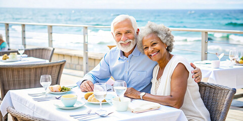 Senior Couple Enjoying Meal by the Beach. A happy elderly couple enjoys a sunny seaside lunch, smiling and embracing a moment of joy together with a beautiful ocean view in the background.