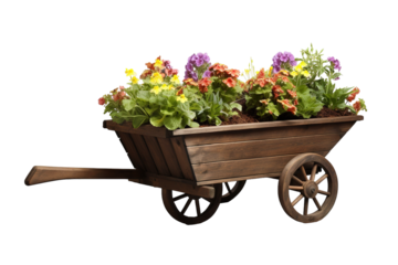 A Rustic Wooden Wagon Overflowing With Vibrant Spring Flowers on a Clear PNG or White Background.