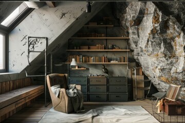 Obraz premium A rustic attic study area with an armchair, shelves filled with books, and natural light entering through a skylight, creating a cozy and charming reading nook.