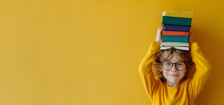 Boy balancing colorful books on his head, back to school - Powered by Adobe