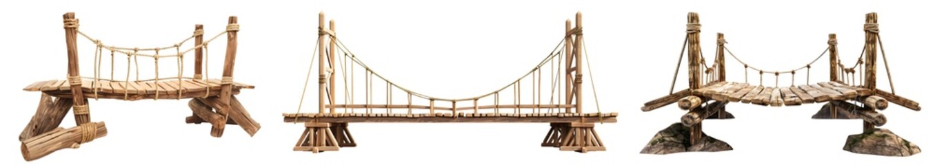Obraz premium Set collection of arch rustic wooden wood suspended rope suspension bridge footbridge boardwalk front view on transparent cutout PNG file. Many different style. Mockup template for design