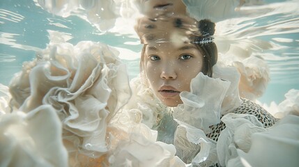 girl in underwater scene with white ruffles and floating fabrics, surrounded by large flowers, face obscured by water droplets with reflections on glass surfaces