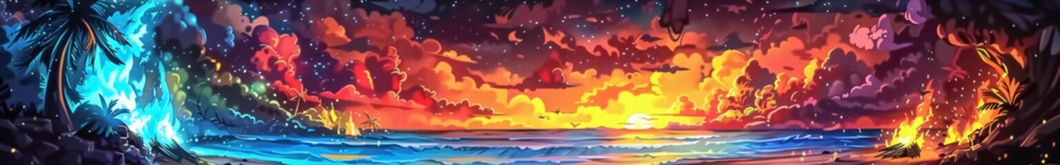 Lively Neon Beach Party Young Adults Dancing at Sunset with Glowing Decorations and Bonfires on the Sand