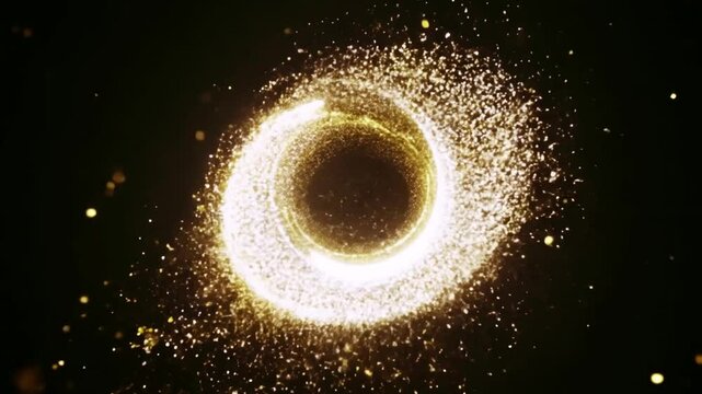 Golden Glitter Light circle. spiral shine glow wave. Gold glittering magic shimmer trail, bright light sparks on black background Birthday, Anniversary, new year, event, Christmas, Festival