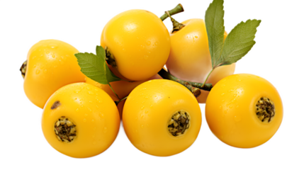 a bunch of yellow fruit with leaves on a white background