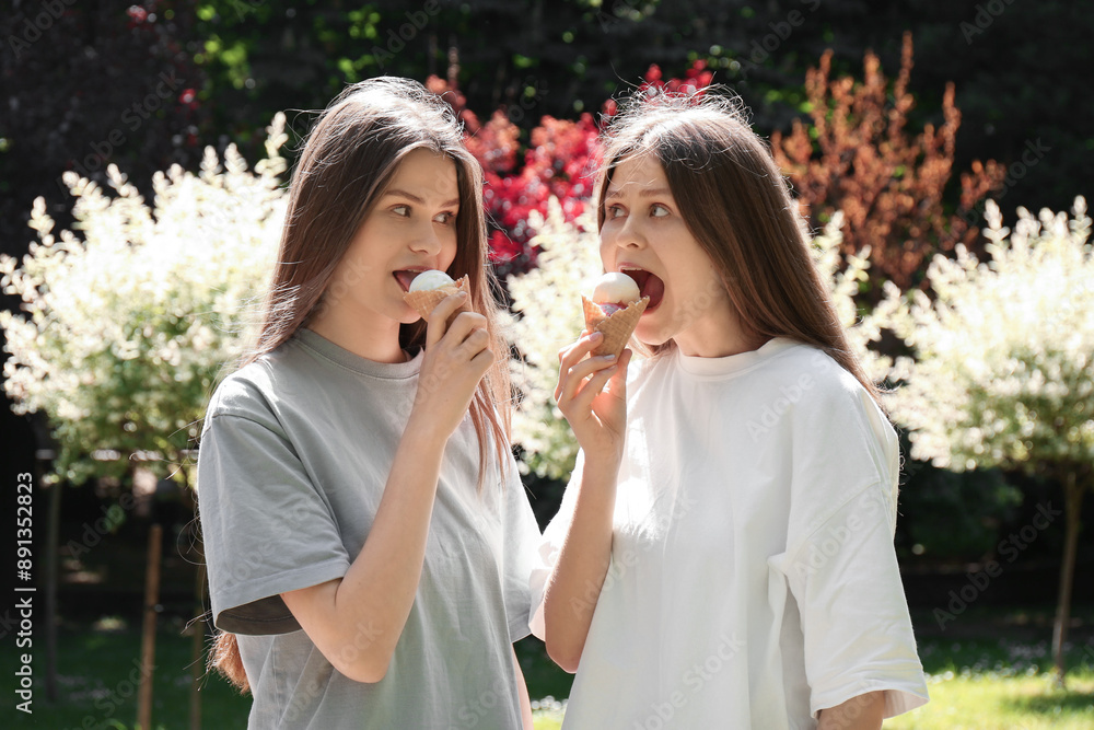 Wall mural Two beautiful twin sisters eating ice cream in park