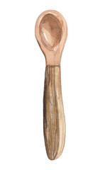 Watercolor illustration of a training baby spoon with a wooden handle and silicone tip on a white background. Ideal for baby care themes, parenting guides, and nursery decor.