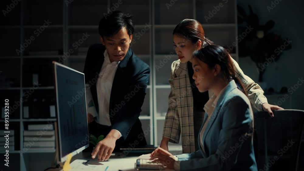 Poster Business professionals collaborate in a modern office, analyzing data on a computer screen. They discuss charts and graphs, working together in a corporate environment