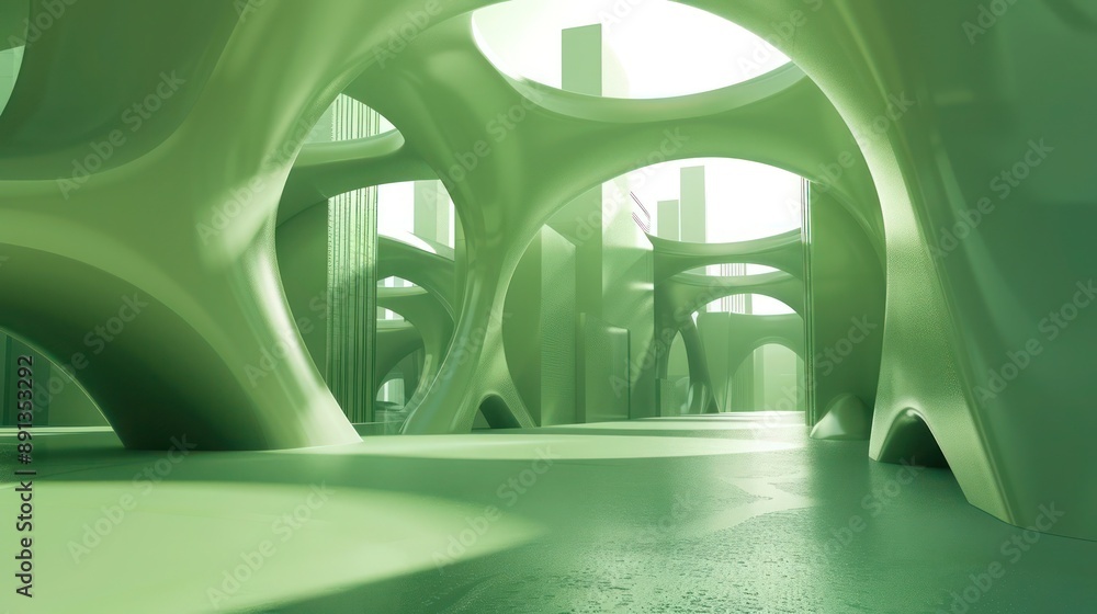 Poster soothing green 3d abstract background featuring surreal architectural structures and impossible buil