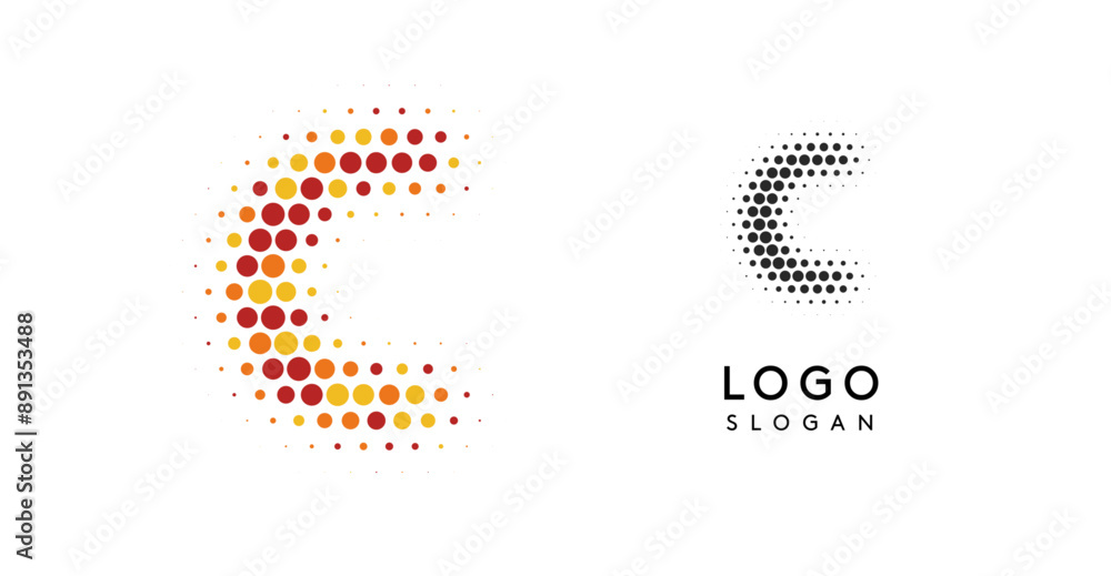 Poster Abstract letter C logo with orange to red gradient dots, modern minimalist logotype design for business branding, corporate identity, tech companies. Elegant and stylish symbol. Vector illustration