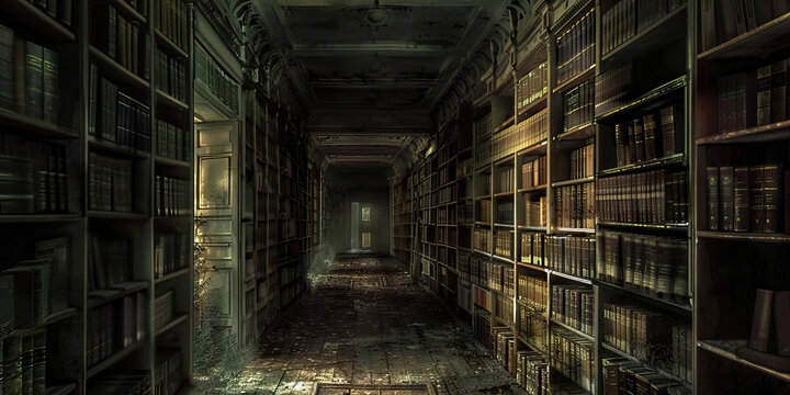Haunting Hallways of Memory: A dimly lit, abandoned library, its shelves creaking softly in the stillness