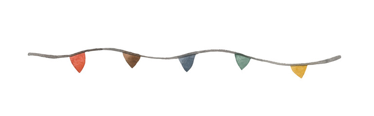 A watercolor illustration of a colorful bunting, featuring a series of triangular flags in shades of red, brown, blue, green, and yellow strung together on a wavy string. 