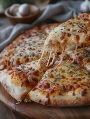 Delicious cheese pizza being sliced with a pizza cutter, melted cheese and toppings, medium shot