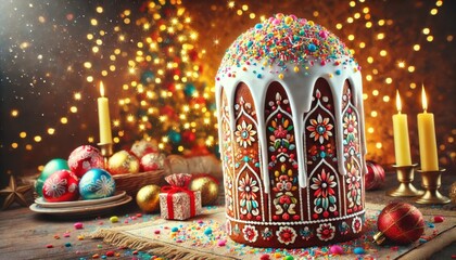 Naklejka premium A traditional Russian kulich, with a tall, cylindrical shape and decorated with icing and sprinkles. 