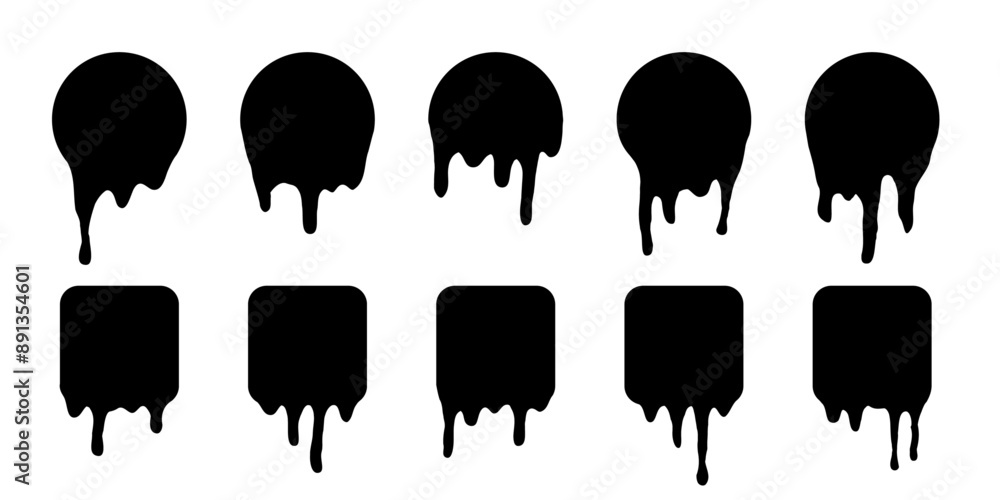 Poster paint melted drip shape icons set vector illustration. splash of black ink circle and square drop, l