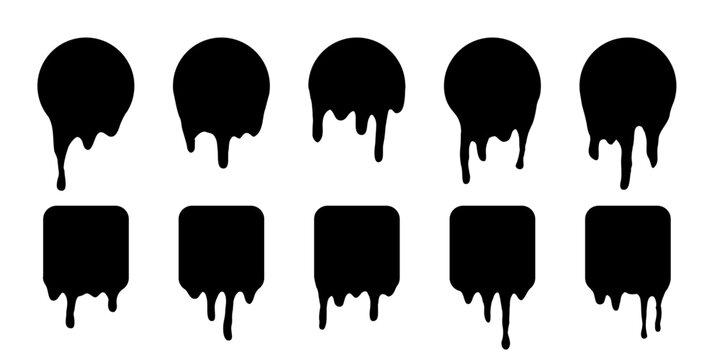 Paint melted drip shape icons set vector illustration. Splash of black ink circle and square drop, liquid blobs melt and flow, simple stickers with fluid droplets on wall isolated on white.