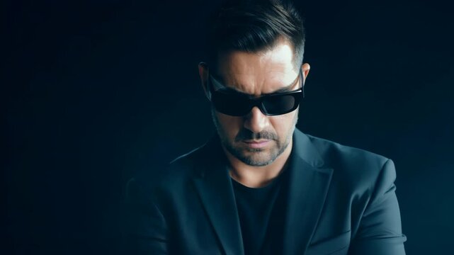Serious secret agent in sunglasses looking straight at camera