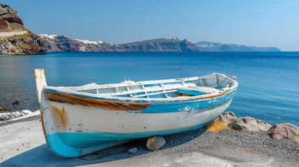 Fototapeta premium A leisurely life setting with an old, retired boat in Santorini, Greece.