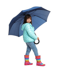 Cute little girl with blue umbrella on white background
