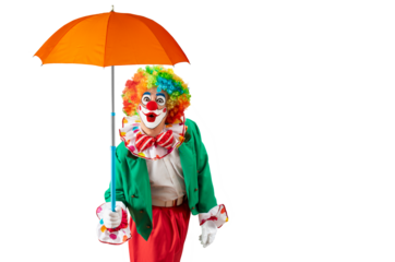 Clown holding orange umbrella. Entertainer Joker in colorful suit and wig. Buffoon with clown whiteface makeup. Professional actor at event, kid's party, circus