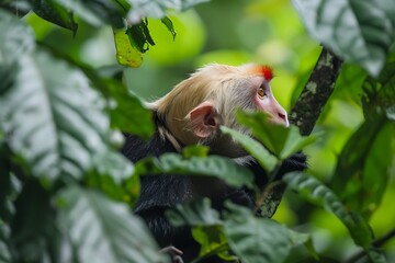 Uakari Monkey Cacajao with its bright red face perched in a tree in the Amazon rainforest