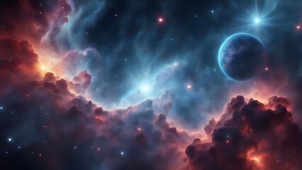 Cosmic landscape featuring glowing nebulae and celestial bodies, ethereal space background