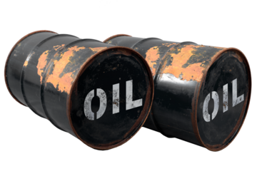 Barrel of oil. Rusty dangerous barrel with fuel or crude oil on isolated background