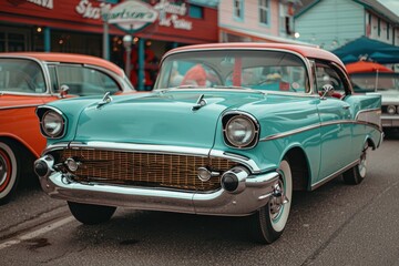 A beautifully restored teal car from the 1950s, featuring chrome details, displayed at a street car show with an orange car parked nearby and old buildings in the background.