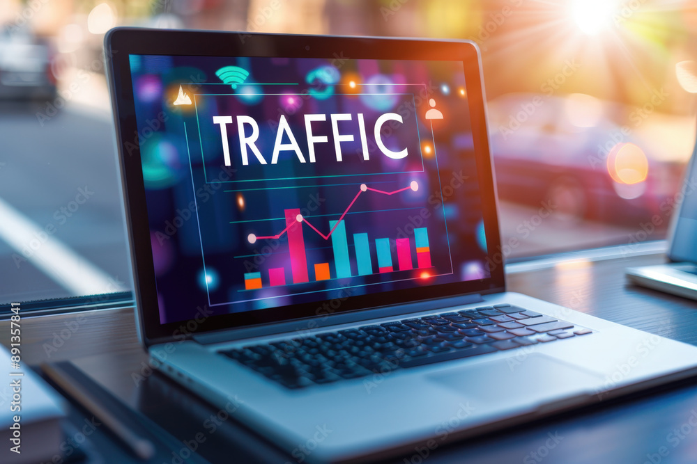 Poster laptop showing traffic statistics with a bar graph on the screen is sitting on a table in front of a