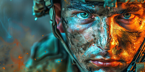 Unwavering Determination: A determined soldier marching forward, unafraid.