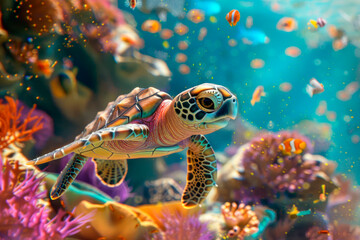 A cute sea turtle floating over corals under water surface.