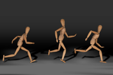 Wooden puppet doll, running marionette. Concept of emotional manipulation, world conspiracy theories