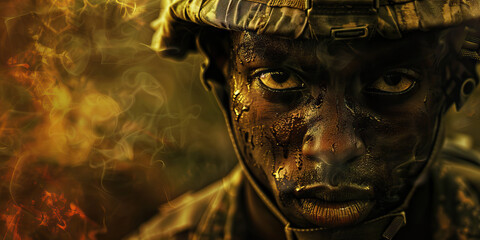 Unwavering Determination: A determined soldier marching forward, unafraid.