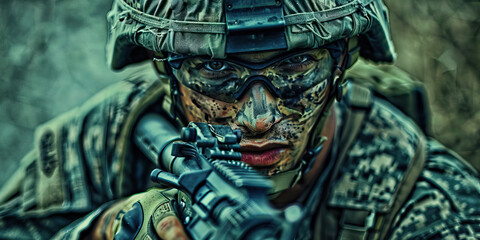 Unwavering Determination: A determined soldier marching forward, unafraid.