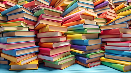 Many colorful books piling up on top of each other