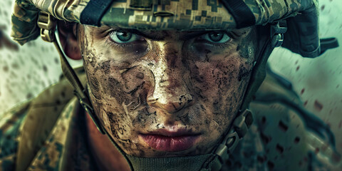 Unwavering Determination: A determined soldier marching forward, unafraid.