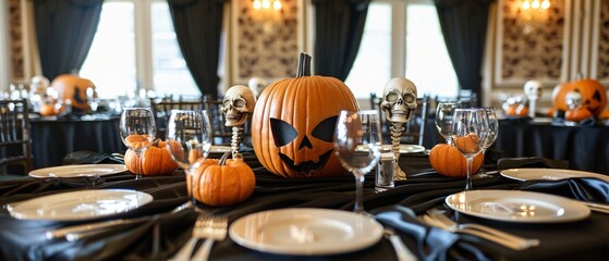 Halloween Decor in Meeting Room: Skeletons, Pumpkins, and Dark Drapery Ambiance