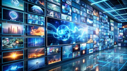 Video wall showing planet earth rotating with futuristic visual effects