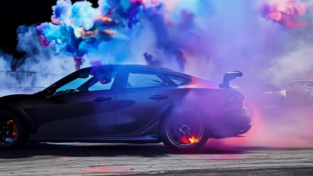 High-performance car burnout with colorful smoke, dramatic lighting