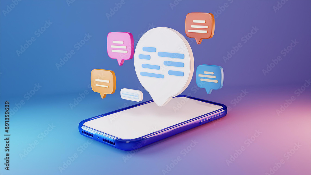 Aufkleber 3d render smartphone with chatting bubble on social media application. user interface for web banner