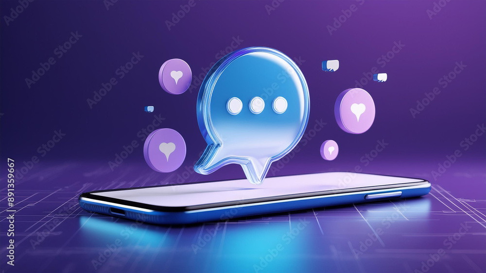 Fototapete 3d render smartphone with chatting bubble on social media application. user interface for web banner