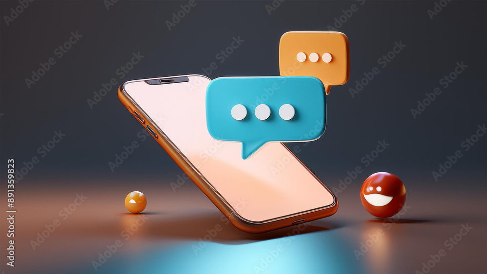 Poster 3d render smartphone with chatting bubble on social media application. user interface for web banner