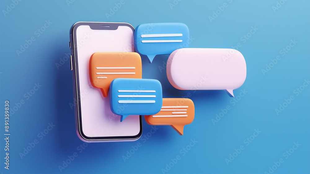 Poster 3d render smartphone with chatting bubble on social media application. user interface for web banner